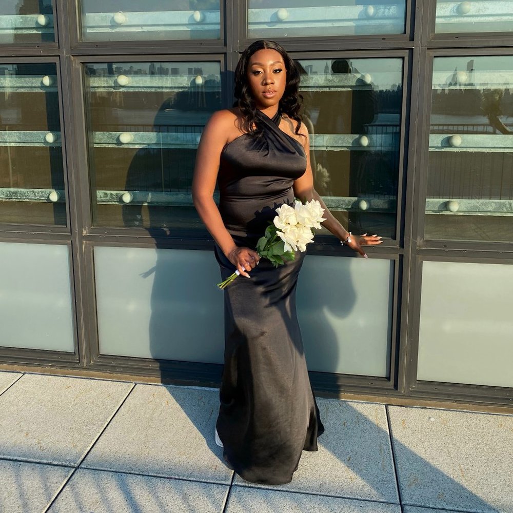 CLUB L LONDON UNSTOPPABLE BLACK SATIN CROSS OVER HALTERNECK MAXI DRESS